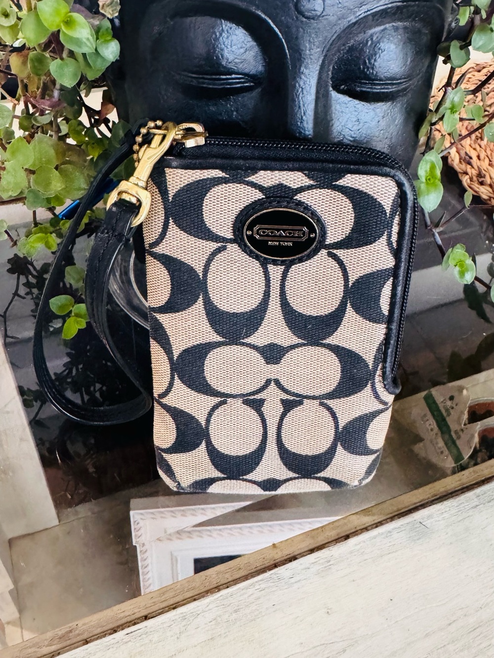 Coach Black and Beige Signature Canvas Wristlet Pouch